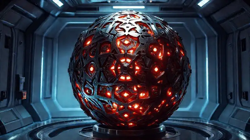 Esfera metálica misteriosa y peligrosa en contenedor