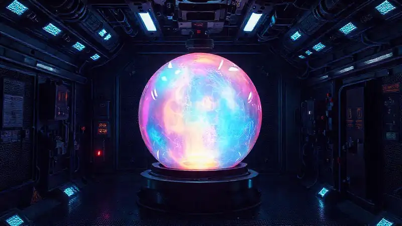 Esfera iridiscente en contención futurista segura