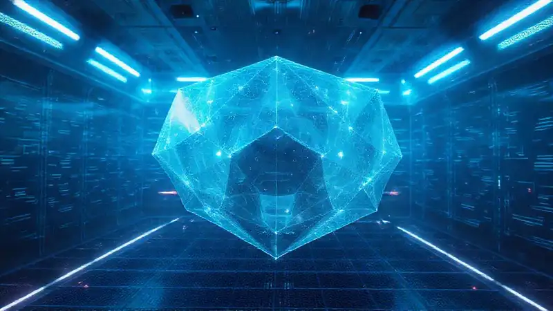 Estructura geométrica luminosa en entorno futurista