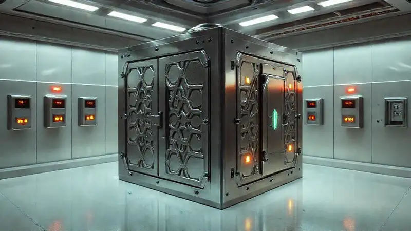 Cubo metálico misterioso en cámara de alta tecnología
