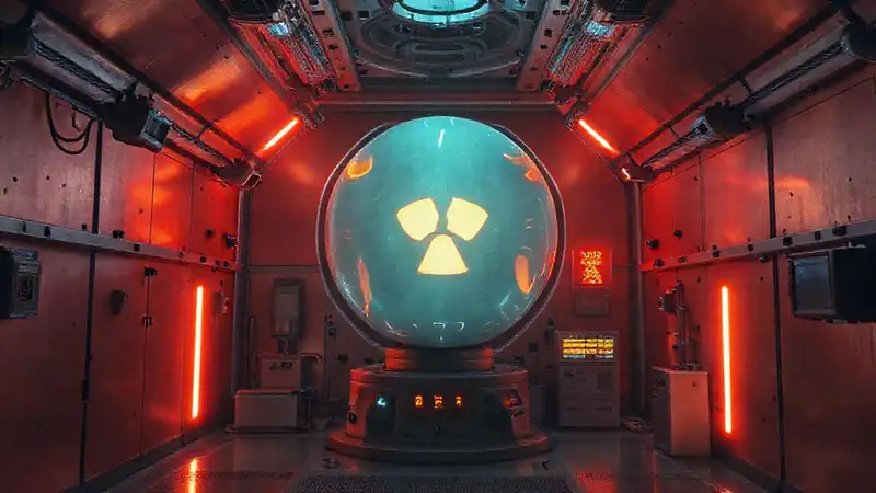 Esfera radiante en cámara futurista y peligrosa