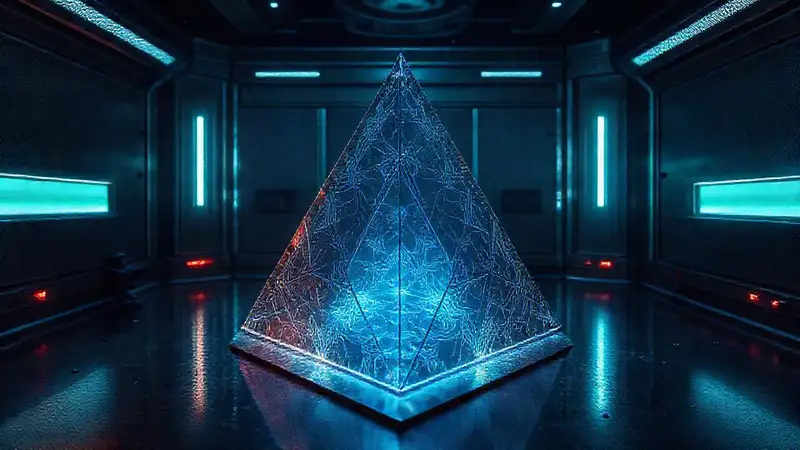 Prisma metálico brillante en laboratorio futurista