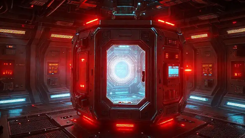 Cubo metálico radiantes en contención futurista segura