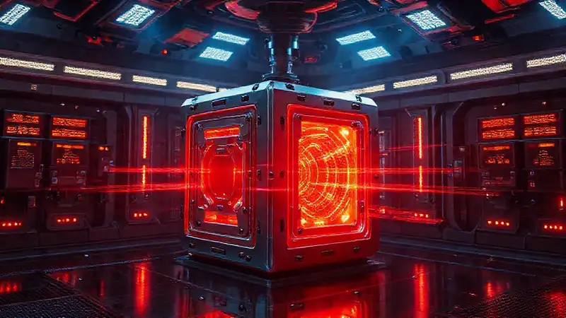 Cubo metálico brillante en cámara futurista