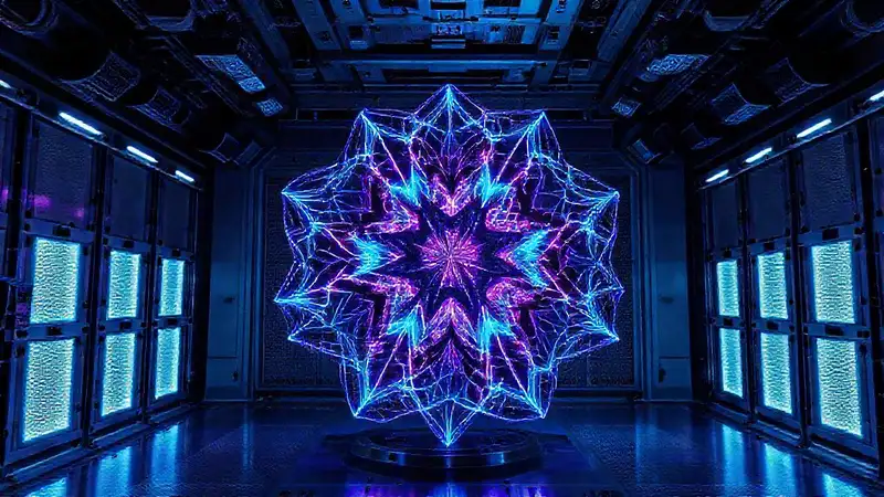 Estructura fractal luminosa en sala futurista