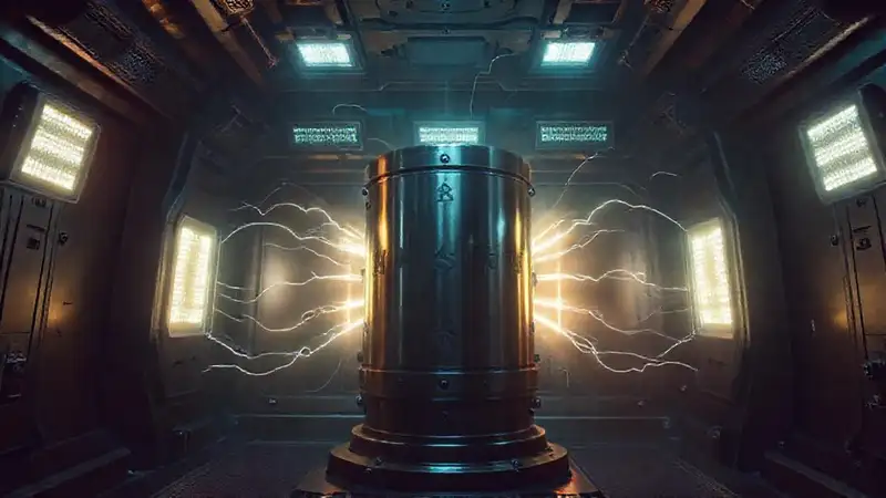 Dispositivo misterioso en contenedor futurista y seguro