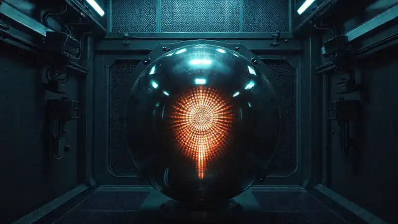 Esfera metálica brillante en ambiente misterioso y seguro