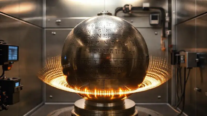 Esfera metálica misteriosa en contenedor seguro