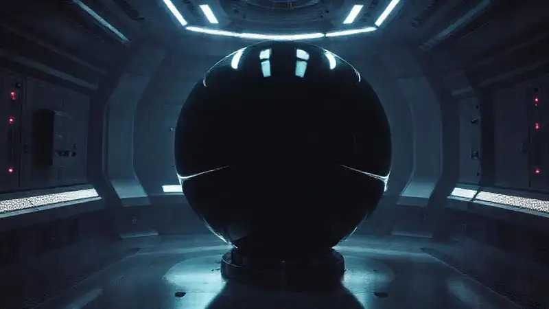Esfera negra en ambiente futurista y seguro