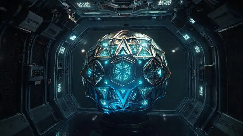 Objeto metálico misterioso en contenedor futurista
