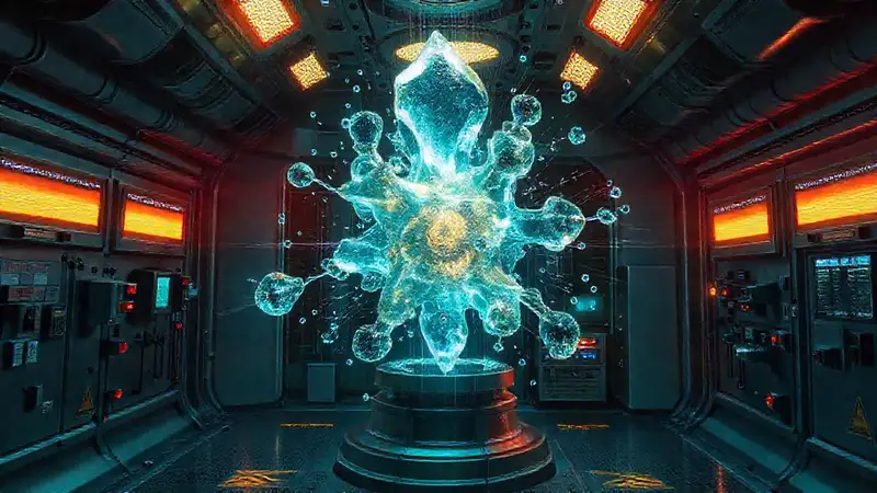 Estructura cristalina molecular en laboratorio futurista