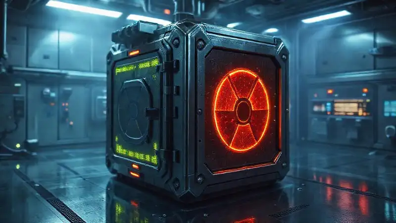 Cubo metálico misterioso en contención futurista