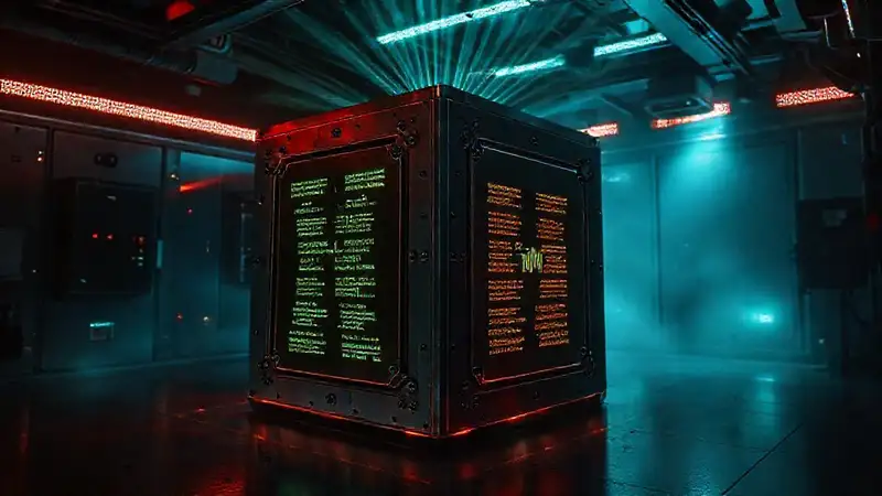 Cubo metálico misterioso en sala de contención