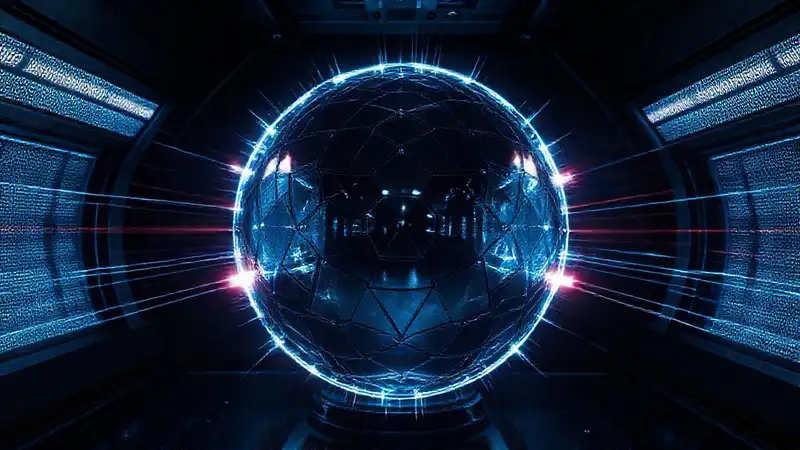 Esfera metálica brillante en ambiente futurista y seguro
