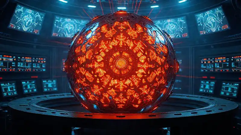 Esfera metálica fractal en cámara segura