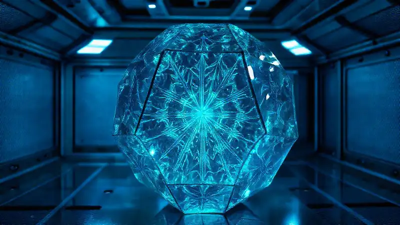 Cristal dodecaédrico luminoso en laboratorio futurista