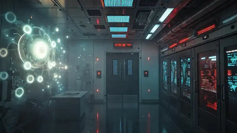 Laboratorio futurista con energía y seguridad avanzada