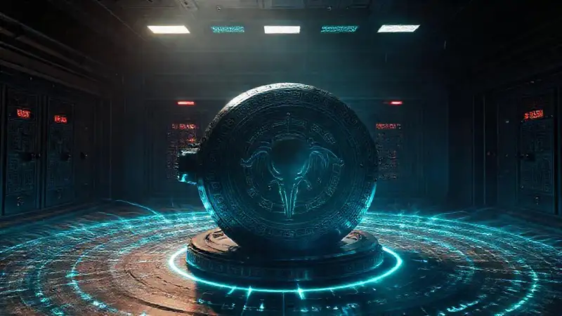 Dispositivo alienígena misterioso en sala segura futurista