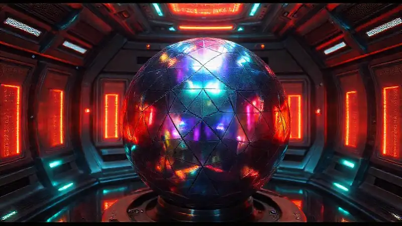 Esfera metálica iridiscente en entorno futurista