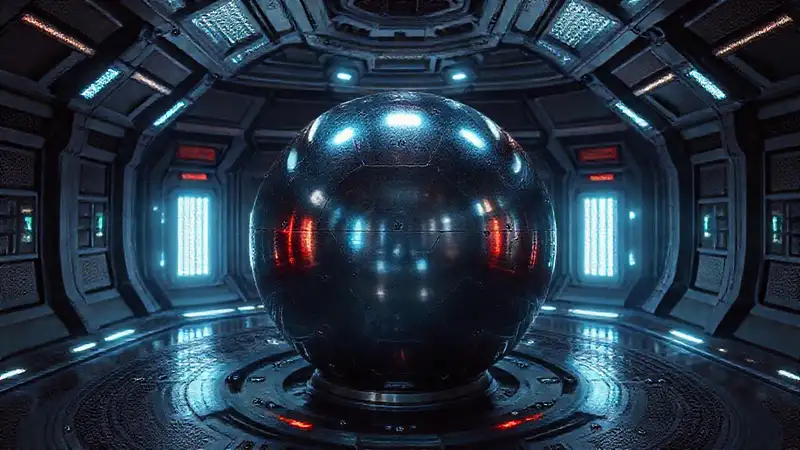 Esfera metálica iridiscente en sala futurista segura
