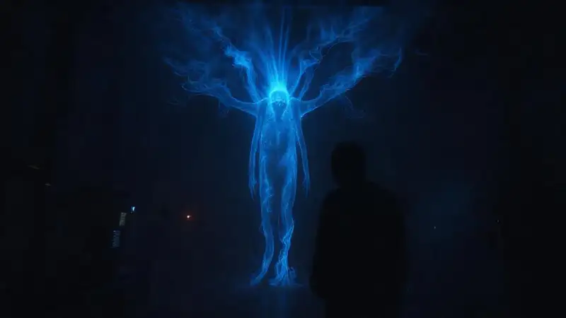 Entidad espectral luminosa en ambiente oscuro