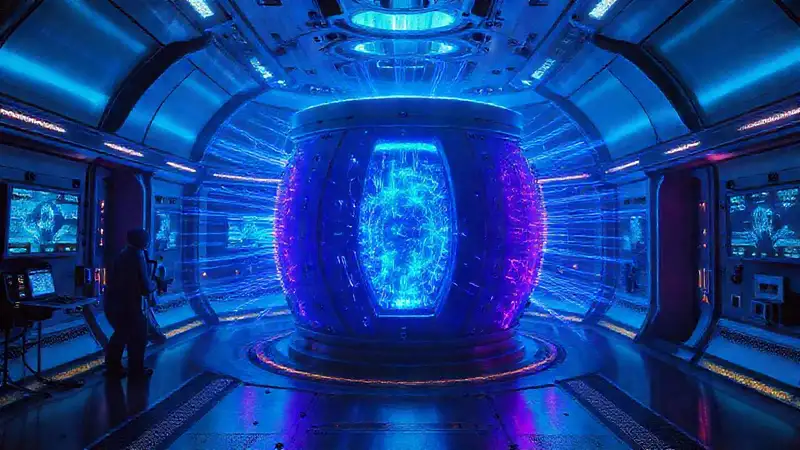 Estructura energética cilíndrica en contención futurista