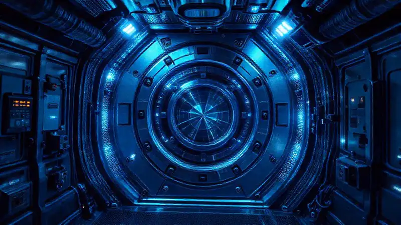 Cámara de contención con artefacto brillante y futurista