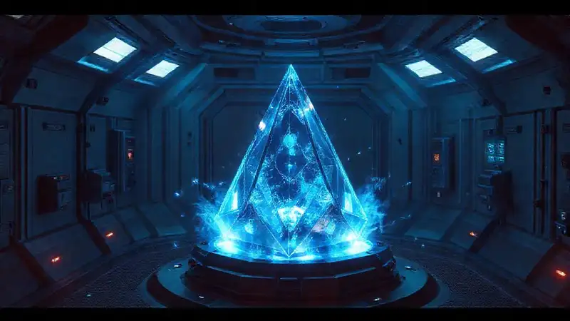 Artefacto futurista brillante en entorno de riesgo