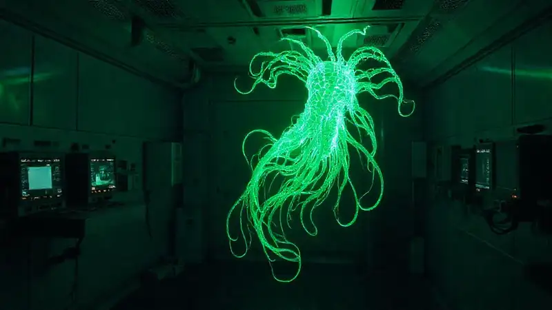 Entidad luminosa en laboratorio futurista y misterioso