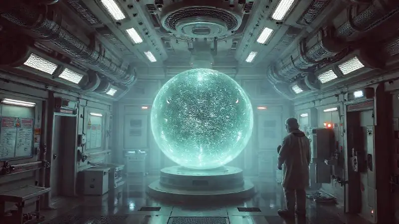 Esfera luminosa en sala futurista de contención