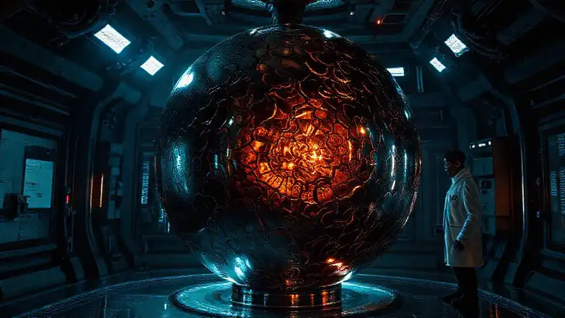 Esfera metálica misteriosa en contención futurista