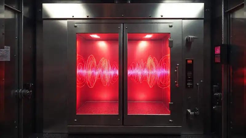 Cámara metálica industrial con ondas acústicas