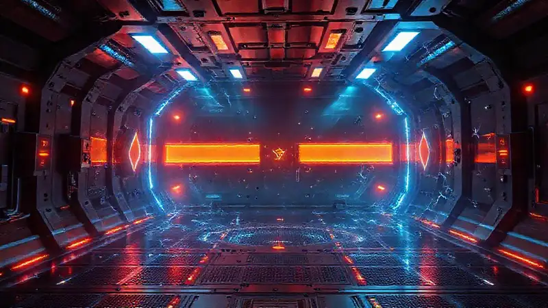 Cámara futurista con energía y advertencias