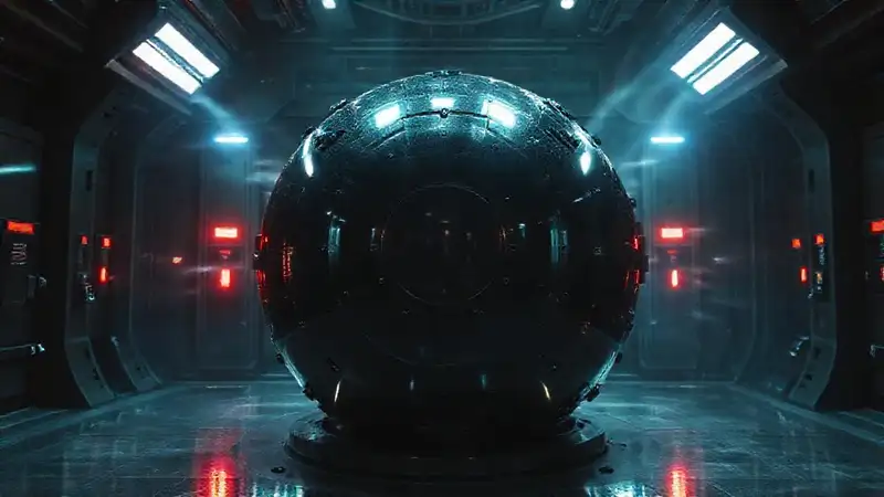 Esfera metálica en entorno futurista y seguro