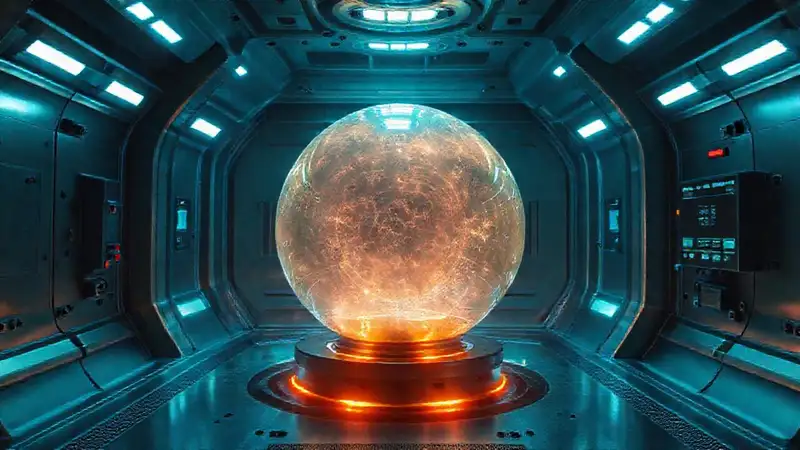 Esfera brillante en laboratorio futurista y tenso