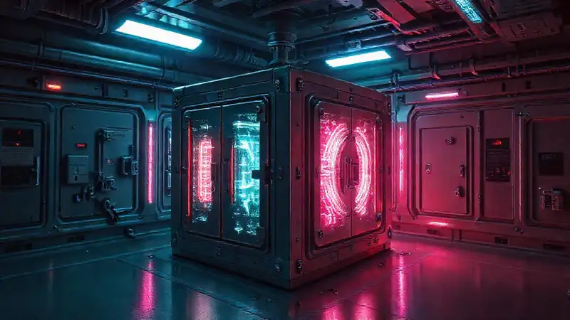 Cubo metálico misterioso en sala futurista