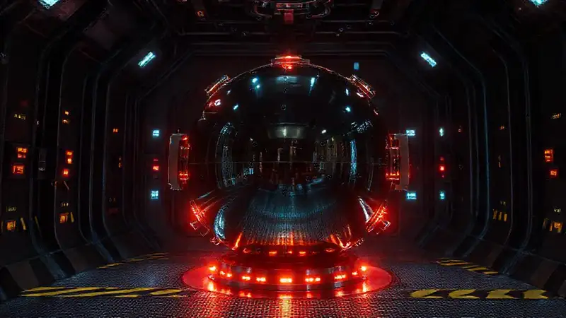 Esfera metálica brillante en cámara futurista eficiente