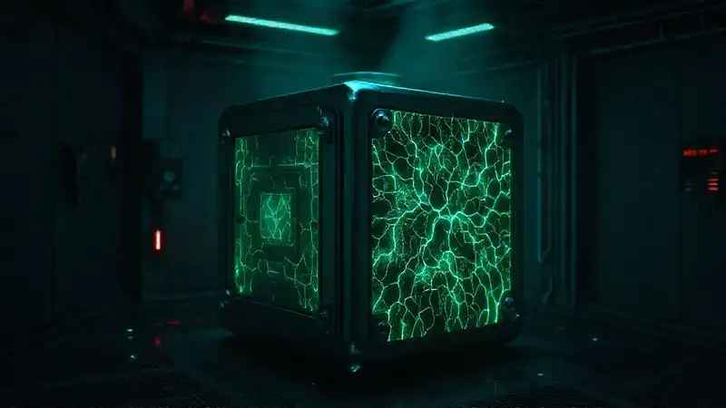 Cubo metálico misterioso en sala segura