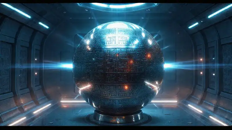 Esfera metálica misteriosa en cámara futurista