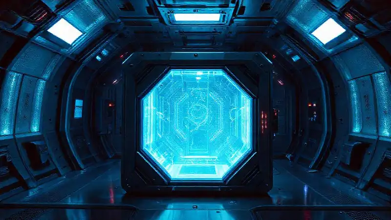 Cámara futurista con cubo brillante y seguridad