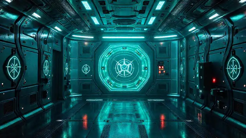 Cámara futurista con símbolos y seguridad
