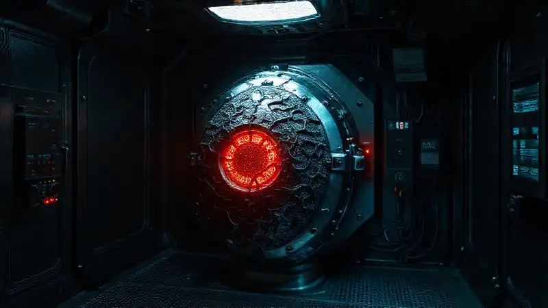 Cuadro de contención con objeto misterioso y tecnológico