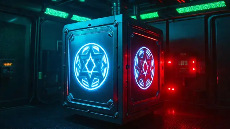 Cubos metálicos con símbolos y luces pulsantes