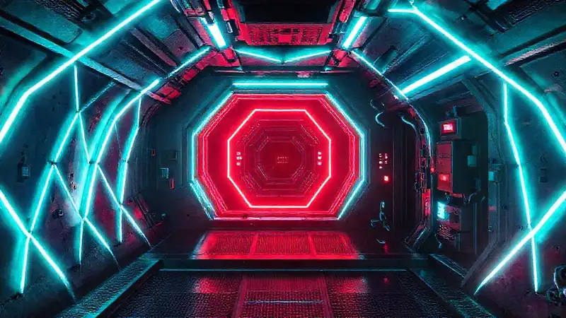 Patrón neon geométrico en cámara futurista segura