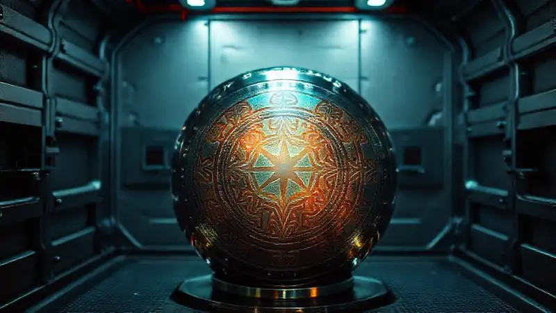 Cilindro metálico brillante en ambiente futurista y misterioso