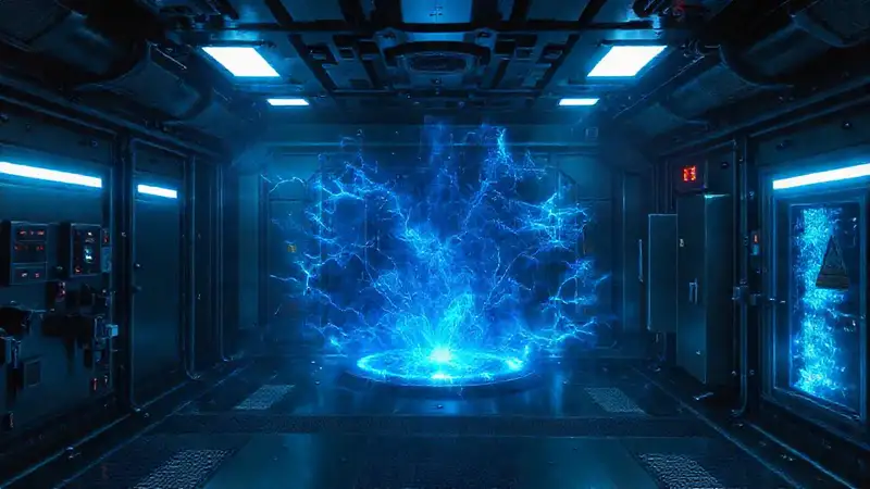 Campo energético brillante en laboratorio futurista protegido