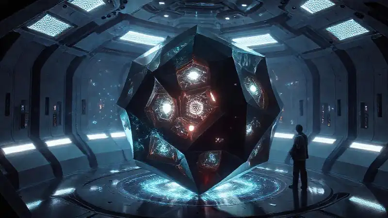Forma geométrica misteriosa en cámara futurista