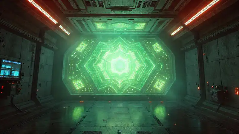 Patrones geométricos misteriosos en laboratorio futurista