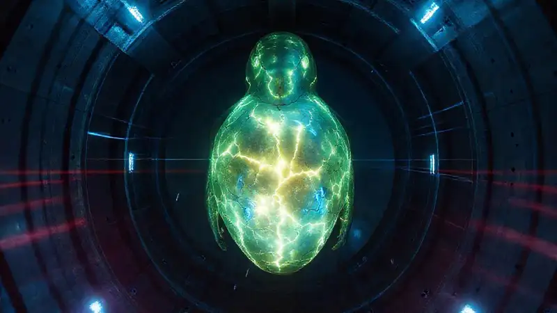 Objeto humanoide en contención con energía luminosa