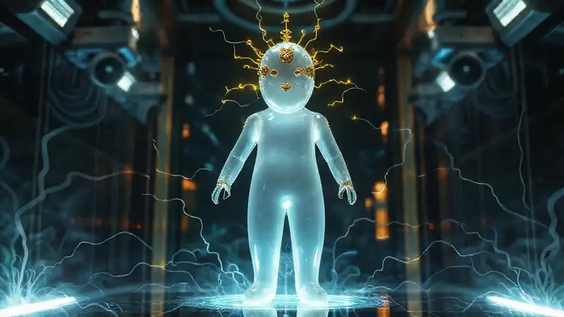 Figura opaca con energía y seguridad futurista
